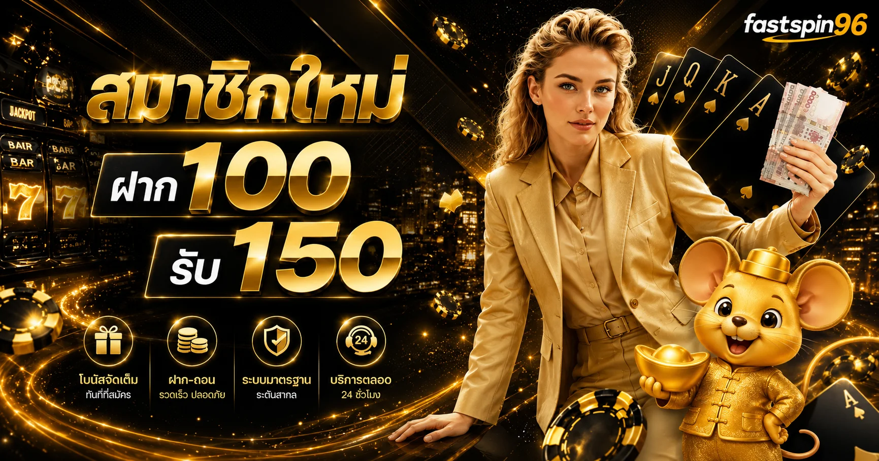 ภาพสมัคร fastspin96 พร้อมมาสคอตหนูทองและข้อมูลระบบ